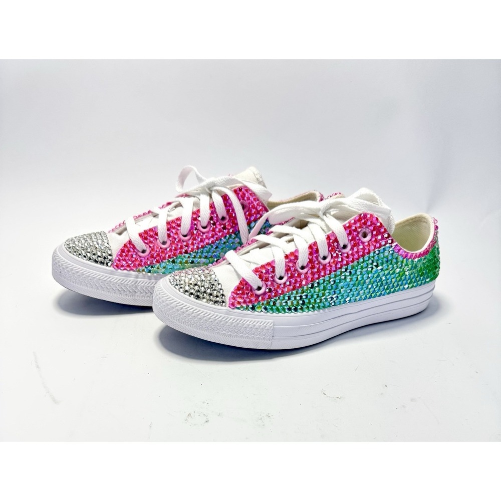 Custom Converse All Star Bling Embellished Sneakers Womens 7.5 Pink Green Wicked